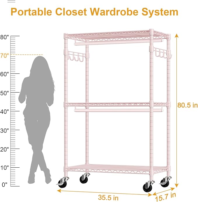 ULIFHOME P1 Rolling Closets with Wheels and Shelves, Portable Closet Wardrobe for Clothes Hanging, Pink Clothing Storage and Organizer System for Bedroom, 35.5" W x 15.7" D x 80.5" H, Hold 500lbs