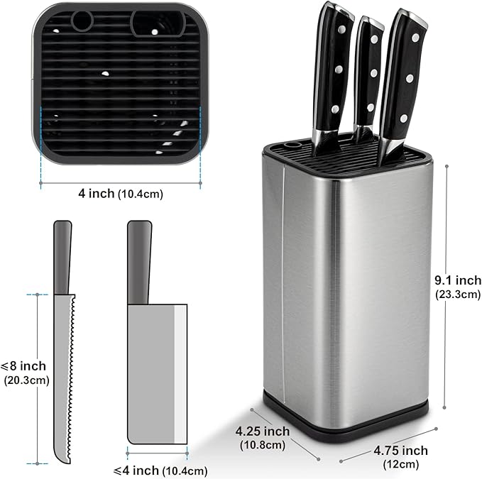 Universal Knife Block, Knife Holder without Knives, Stainless Steel Knife Storage Block for 3.5" to 8" Knives, with Slots for Scissors and Sharpening Rod,for Kitchen Counter