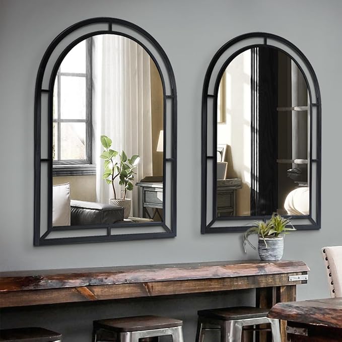 WAMIRRO Concise Window Arched Mirror,Decorative Black Window Pane Mirrors Decor for Fireplace/Entryway/Hallway/Living Room/Bathroom 28"X40"