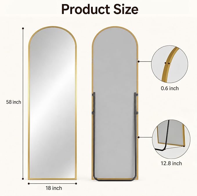 Antok Full Length Mirror, 58"x18" Floor Mirror with Stand, Hanging Mounted Mirrors for Bedroom, Living Room, Cloakroom, Dining Room, Gold, Arched