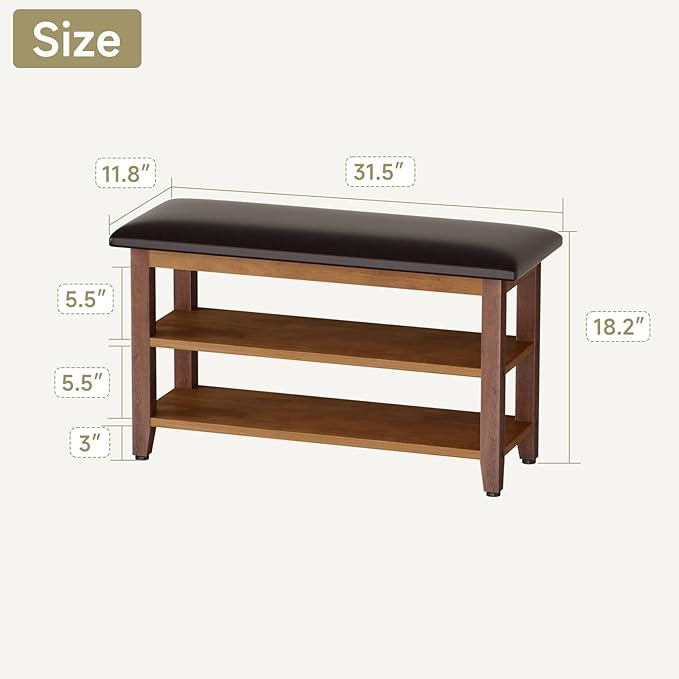 Shoe Bench with Leather Cushion,Wood Bench with Shoe Rack,2-Tier Shoe Storage Organizer for Entryway,Hallway,Living Room (2-Tier-31.5", Rubberwood)