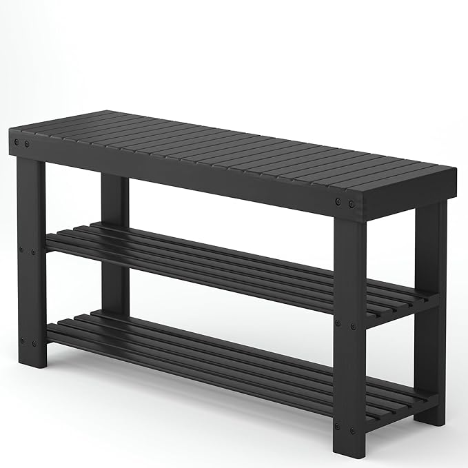 NEWBULIG Shoe Rack Bench, 3-Tier Bamboo Shoe Organizer, Wooden Entryway Storage Bench, 286 lb Load Capacity, 11.2x35.5x17.9 Inches, for Entryway Bathroom Bedroom Balcony, Black