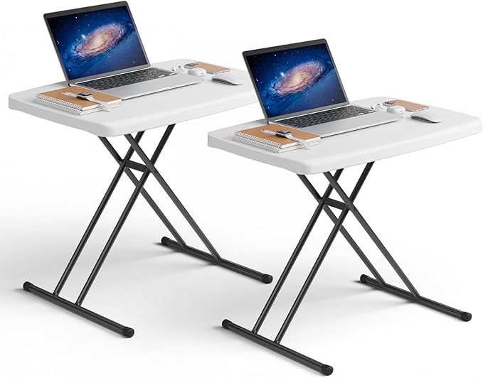 Folding Table 30 Inch -2Pack, Small Desk Adjustable Height TV Tray for Laptop, Couch, Camping - Heavy Duty Utility Foldable Table for Small Spaces, No Assembly Required, White Granite