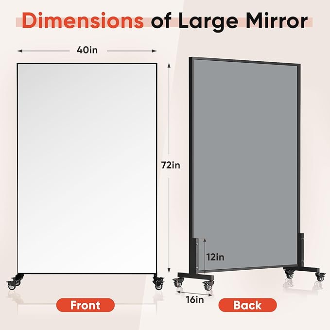 Suidia 72"x40" Extra Large Full Length Mirror on Wheels, 360° Swivel Rolling Mirror Floor, HD Tempered Glass Full Body Standing Mirrors for Home Gym, Yoga, Dance Studio, Bedroom, Rectangular, Black