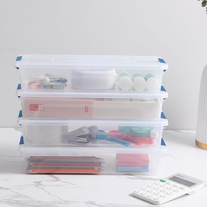 novelinks Clear Plastic Storage Bins with lids, Stackable Storage Containers, Durable Craft Storage Boxes, Organization Containers for Home Office (4 Quart 8 Pack Blue)