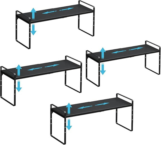 15.5 to 25.5 Inch Kitchen Cabinet Shelf Organizers, Adjustable Kitchen Counter Shelf Organizer, Set of 4 Expandable Countertop Storage Shelves, Stackable Design, 30LBS Heavy Duty, Space Saver