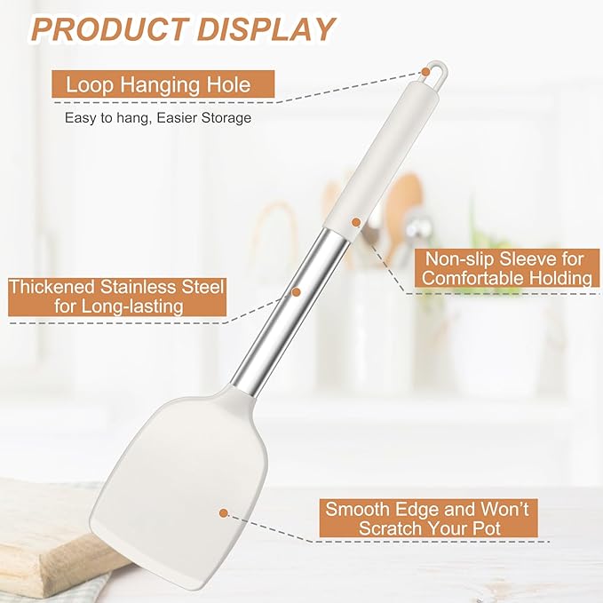 TeamFar Kitchen Utensils, 4 PCS Silicone Cooking Utensils with Stainless Steel Handle, for Nonstick Cookware Frying/Flipping/Draining, Non-toxic & Heat-proof, Non-scratch & Dishwasher Safe
