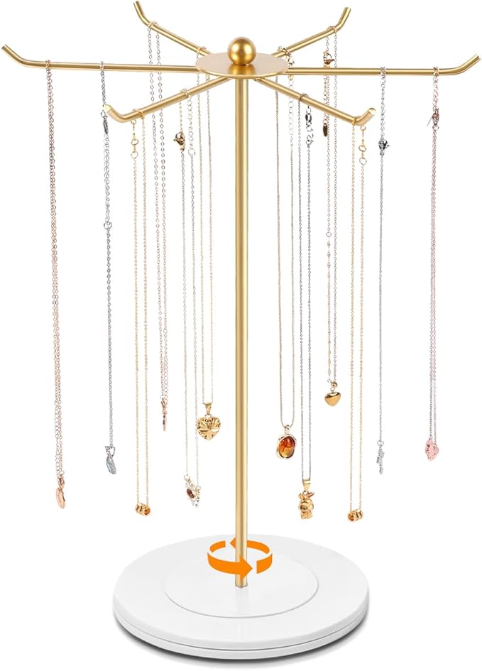 OAOLEER Necklace Holder Display, Rotating Jewelry Stand Gold Metal Necklace Organizer Hanging Jewelry Display for Vendors Bracelet Keychain Storage for Women,Girls