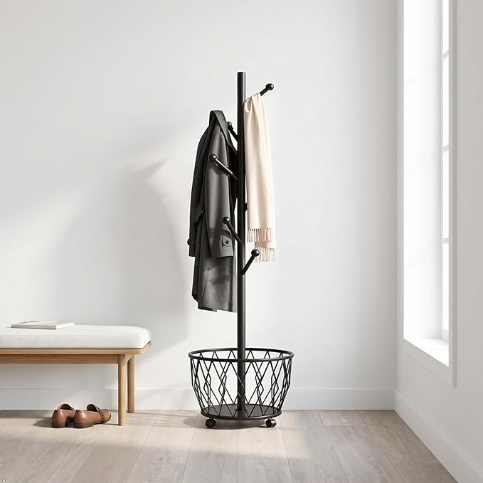 Freestanding Metal Coat Rack Stand with Basket Modern Organizer for Scarf Jacket Hat Bags Ideal for Home Entryway Bedroom Corner Stable and Moveable tree (black)