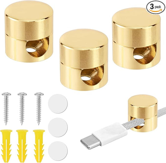 3pcs Gold Cable Anchors, Metal Phone Charger Cord Holders Cable Management Clips Multi-Function Aluminum Wire Organizer for Home Office Desktop Wall Nightstand
