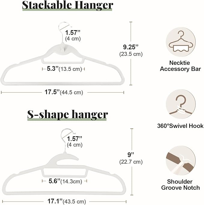 Velvet Hangers 50 Pack, S-Shaped and Stackable Non Slip with 360°Swivel Hook, Ultra Thin and Space Saving Flocked, for Suits, Shirts, Coats, 15Lbs Capacity Heavy Duty, White