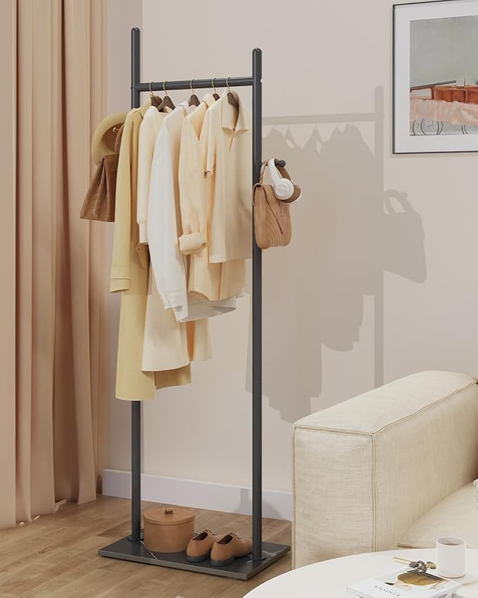 Large Metal Coat Rack Freestanding, Modern Coat Hanger Stand with 2 Hooks and Heavy Rock Slab Base, Industrial Clothes Rack, Garment Rack, 19.7 x 11.8 x 68.9 In, Black, GYJ202MB