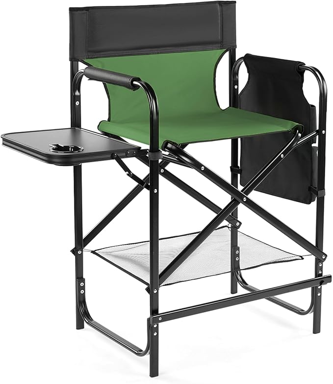 Outvita 26" Tall Directors Chair Height Seat Folding with Side Table Storage Bag, Support for 300Lbs Portable Makeup Artist Chair with Bar Height(Dark Green/Black)