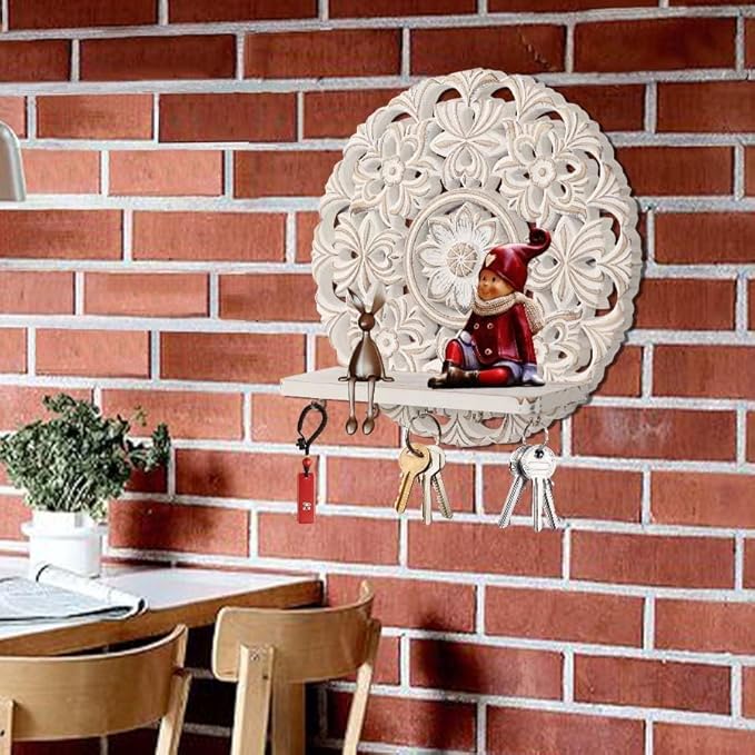 11.6-inch Round Mandala Key Holder for Wall - White Vintage Floral Key Holder with Hooks & Shelf - Farmhouse Decorative Entryway Organizer for Keys, Masks & Mail - Rustic Boho Wall Decor