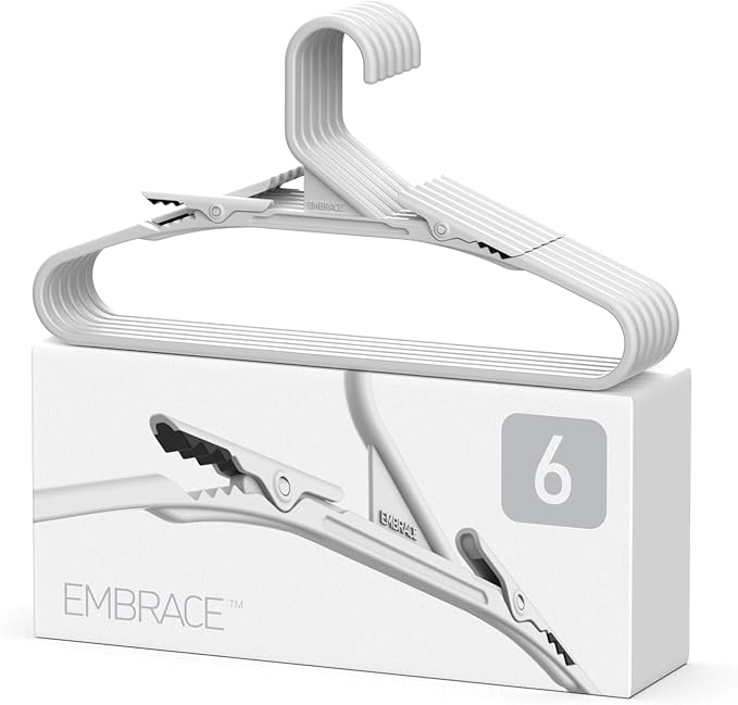 No Hassle-Hangers Best Clothes Hanger Ultra Soft Rubberized Grip Clip Keeps Garments in Place and Off the Floor. Perfect for Wide Neck Silks & Satin Tops, delicates, Athletic wear. (6, Bright Grey)