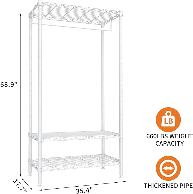 3-Tier Metal Clothes Rack with Adjustable Shelves and Hanging Rod, Freestanding Wardrobe Storage Organizer, 660 lbs Capacity, Portable for Bedroom or Laundry Room, White