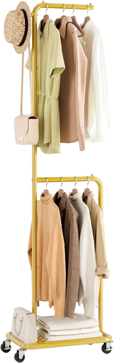 Small Clothes Rack with Wheels, 71" Portable Rolling Clothing Rack with Bottom Metal Shelf, Garment Rack with Hanging Rod, Sturdy Freestanding Coat Rack for Bedroom, Entryway, Gold