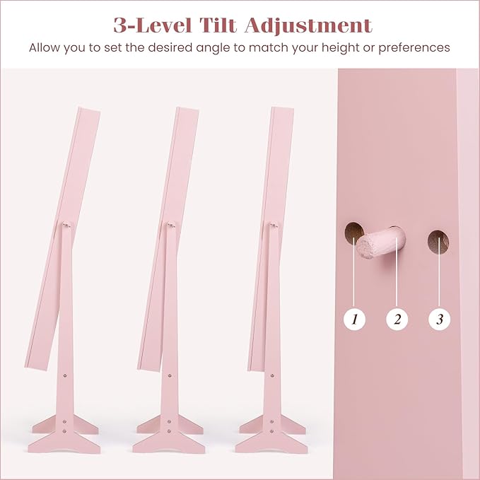 Giantex Jewelry Armoire with Full Length Mirror, Standing Jewelry Cabinet Organizer with 3 Tilting Angles, Bedroom Dressing Mirror with Large Storage for Earrings, Rings, Necklaces, Light Pink