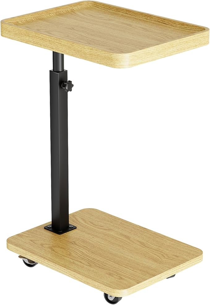 Tv Tray,Adjustable Height C Shaped End Side Table for Eating on Couch That Slide Under,360°Swivel Sofa Snack Dinner Table with Wheels for Living Room and Bedroom, Bed,Chair(Oak+Black)