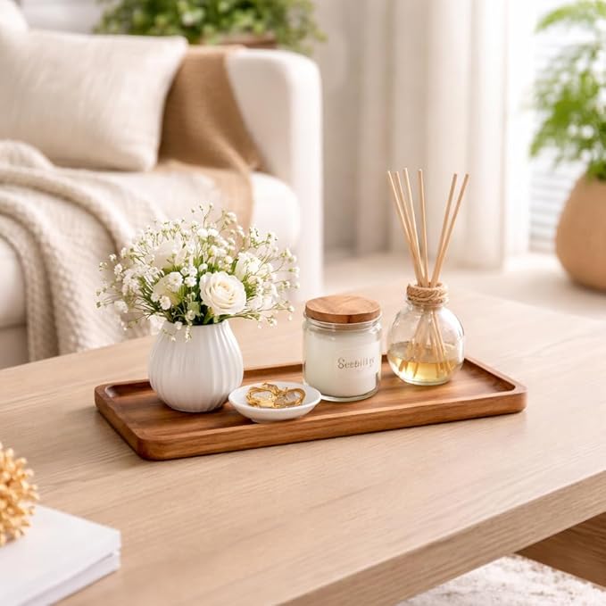 Handcrafted Acacia Wood Decorative & Organizer Tray – Elegant Home Storage for Candles, Jewelry, Keys, and Small Items, Stylish Wooden Accent for Living Room, Bedroom, or Bathroom-11.4*4.1*0.59 inches