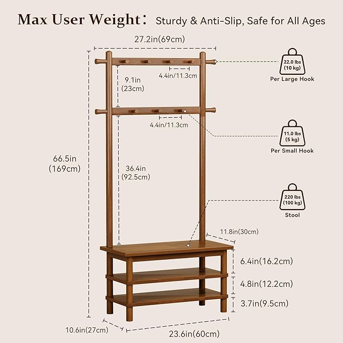 Hall Tree, 3-in-1 Entryway Bench with Coat Rack, 11 Hooks and 2-Tier Hall Tree with Shoe Storage Bench, Solid Wood Coat Rack Freestanding, 27.2" Long