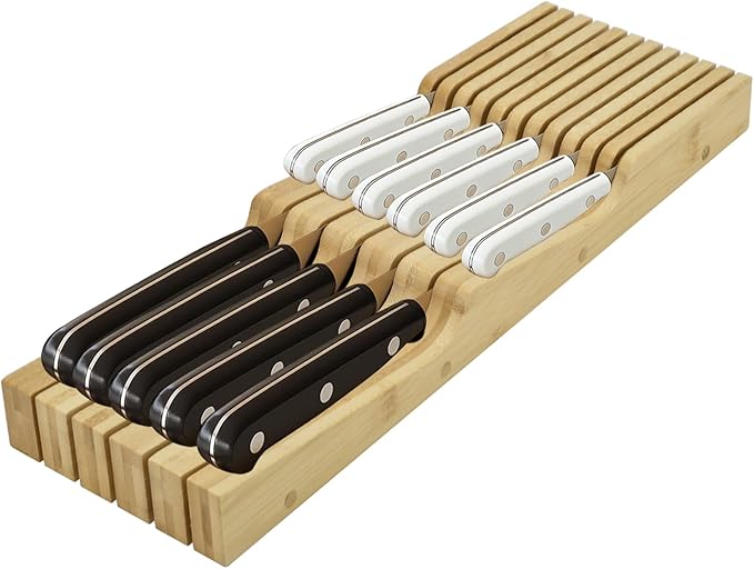 Knife Drawer Organizer, Bamboo In-Drawer Knife Block Organizer Kitchen Steak Knives Holder Organizer for Drawer, 11 Knives Slots (11 Knives Slots)