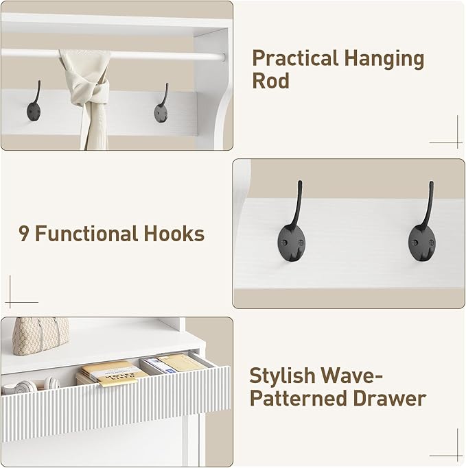 RALGEND Shoe Cabinet with Coat Rack, Tall Narrow Hidden Shoe Storage Cabinet with 2 Flip Drawers, Slim Freestanding Shoe Rack with Hooks, Hall Tree, Narrow Shoe Organizer for Entryway, White