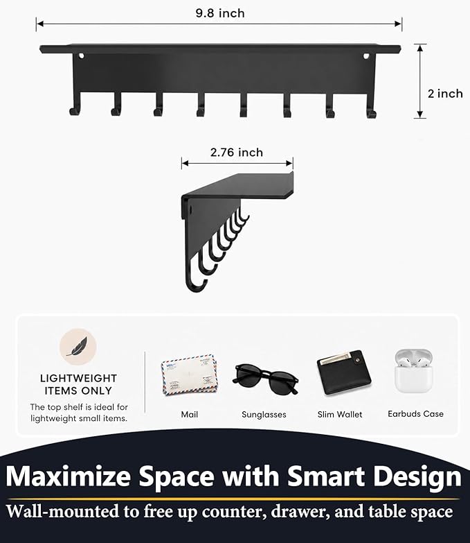 Key Holder Hooks Organizer Hanger Rack Wall Mounted Sweet Home Metal Decor Stylish and Practical for Entryway Front Door Kitchen Hallway Garage Mudroom Office Hardward Included Black (Key hook shelf)