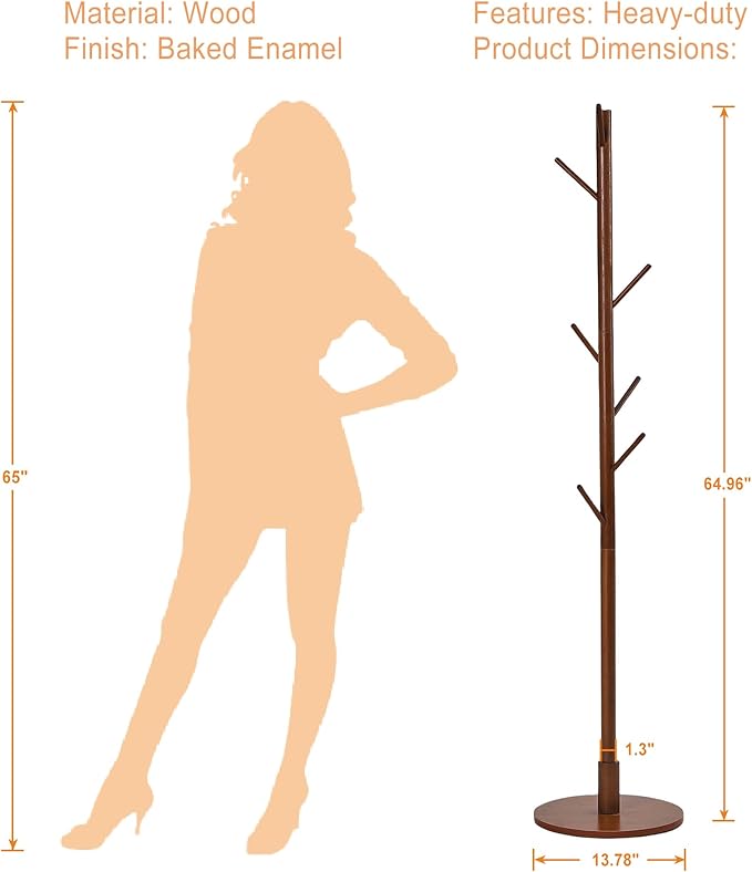 VECELO Coat Rack Freestanding, Entryway Hanger Stand, Umbrella Holder, Hall Tree With Hooks, Floor Standing Metal Tree Stand,Walnut