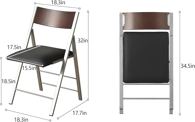 Folding Chairs with Cushion 2 Pack - Heavy Duty Steel Frame Foldable Dining Chairs, Waterproof Leather Indoor Outdoor Comfortable Folding Chairs for Home, Conference Rooms, Weddings, Events (Black)