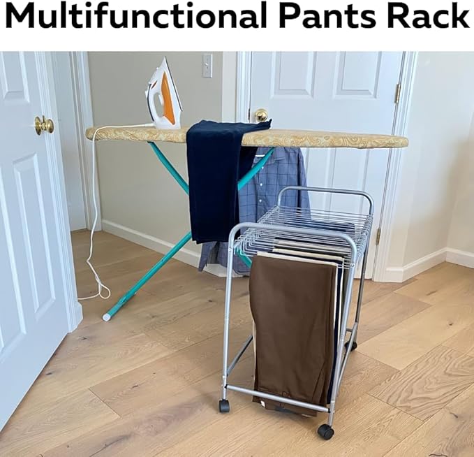 Evelots Pants Rack with 20 Pants Hangers Rolling Trolley Cart - Skirt Hangers, Jean Organizer for Closet