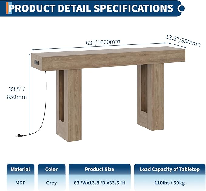 IDEALHOUSE 63" Entryway Table, Wood Console Table with Charging Station, Extra Long Sofa Table, Narrow Hallway Foyer Table for Entryway, Hallway, Living Room, Grey