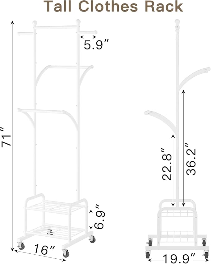 Rolling Clothes Rack with 2 Metal Shelves, 71" Portable Clothing Rack with Wheels, Small Garment Rack with 2 Side Hanging Rods, Freestanding Coat Rack for Laundry Room, Bedroom, White