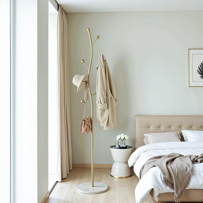 sawsile Gold Coat Rack Freestanding,Coat Hanger Stand with Natural Marble Base,Modern Sturdy Metal Clothes Rack Standing Hall Tree Hanger for Hats,Scarf, Bag, Jacket
