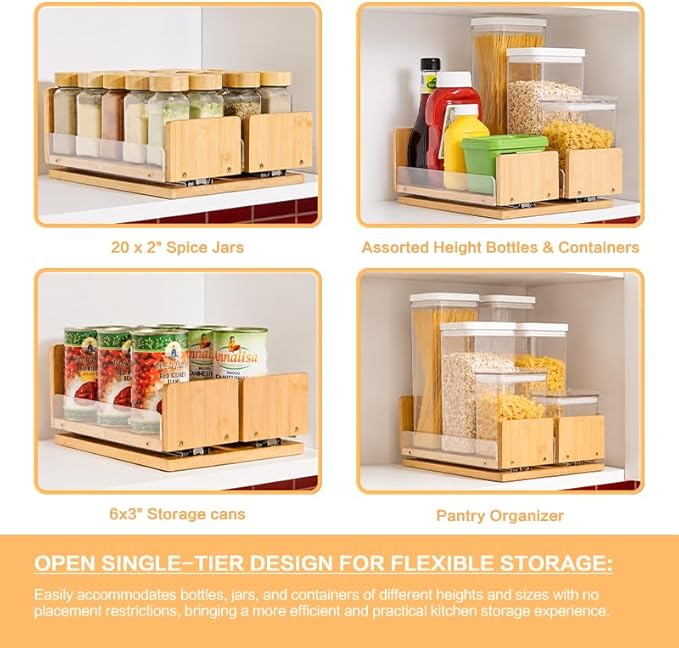 Bamboo Pull Out Spice Rack Organizer for Cabinet, 9"W x 10.6"D x 4.8"H Low Profile Pantry Vertical Organization with 2 Slide Out Drawers(4.3"w), Kitchen Storage for Spice Jars & Pantry Essentials