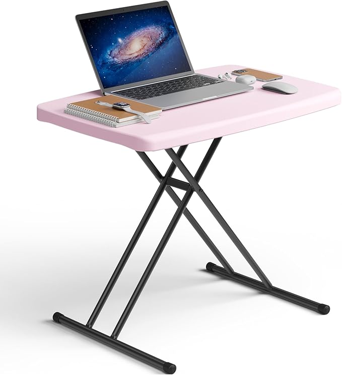Folding Table 30 Inch - Small Desk Adjustable Height TV Tray for Laptop, Couch, Camping - Heavy Duty Utility Foldable Table for Small Spaces, No Assembly Required, Pink Granite