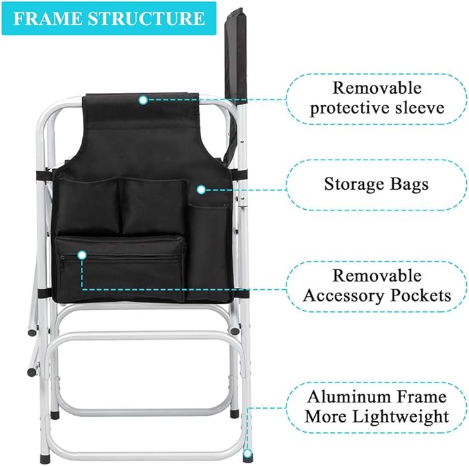 Outvita 4 Piece 26" Tall Directors Chair Height Seat Folding with Side Table Storage Pocket, Support for 300Lbs Portable Makeup Artist Chair with Bar Height(Black)