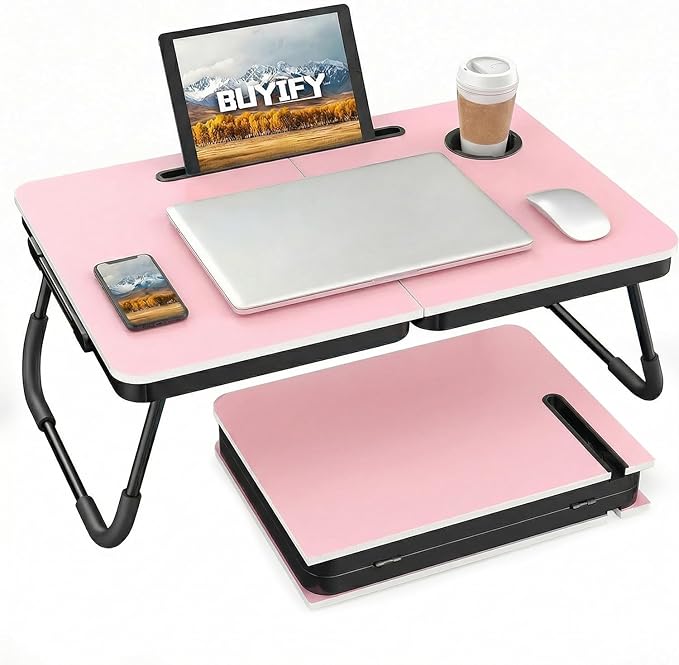 BUYIFY Foldable Laptop Bed Desk for Couch, Sofa - Large Lap Desk Tray Table with Cup Holder and Tablet Slot - Portable Notebook Stand for Eating, Writing, Studying and WFH (Pink)