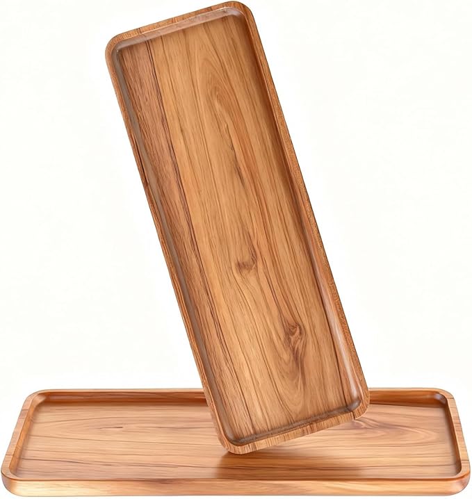 Handcrafted Acacia Wood Decorative Tray 2 Pack– Multi-Functional Candle Tray, Smooth Polished Surface with Raised Edges,Stylish Wooden Accent for Living Room, Bedroom, or Bathroom-11.4*4.1*0.59 inches