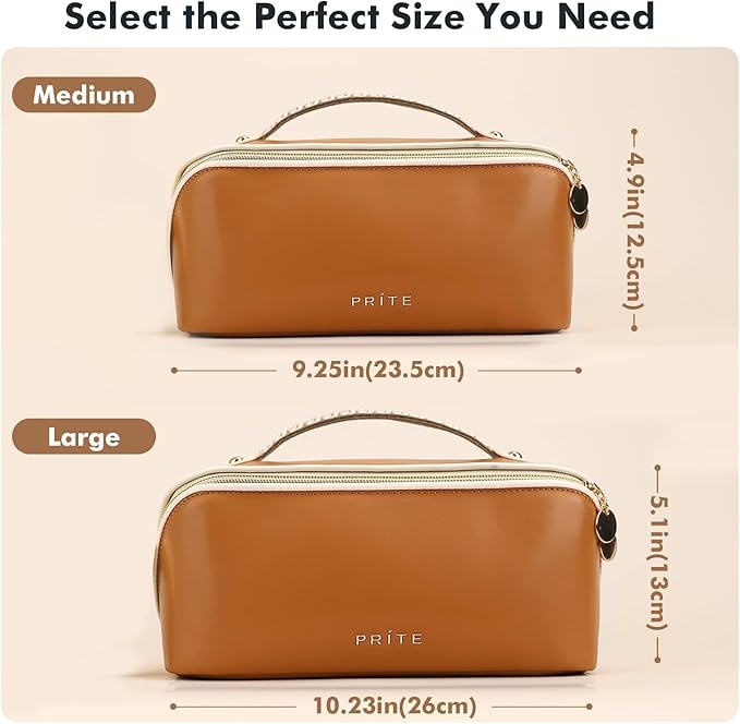 Prite Makeup Bag for Women Travel Waterproof Vegan Leather Cosmetic Bag Open Flat Toiletry Bag With Clear Divider and Handle (New Brown, Medium)