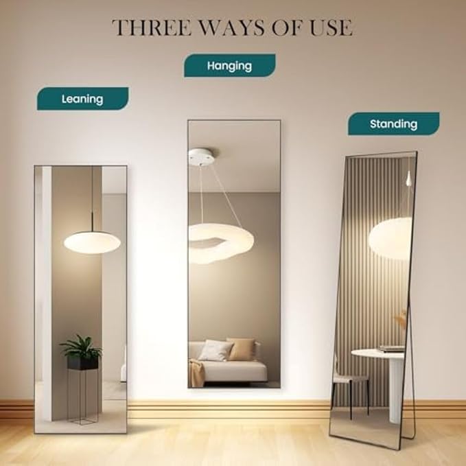 NEWBULIG 59"x16" Full Length Mirror, Full Body Floor Mirror with Aluminum Alloy Thin Frame, Wall or Standing Mirror for Bedroom, Living Room, Dressing Room, Black-Rect