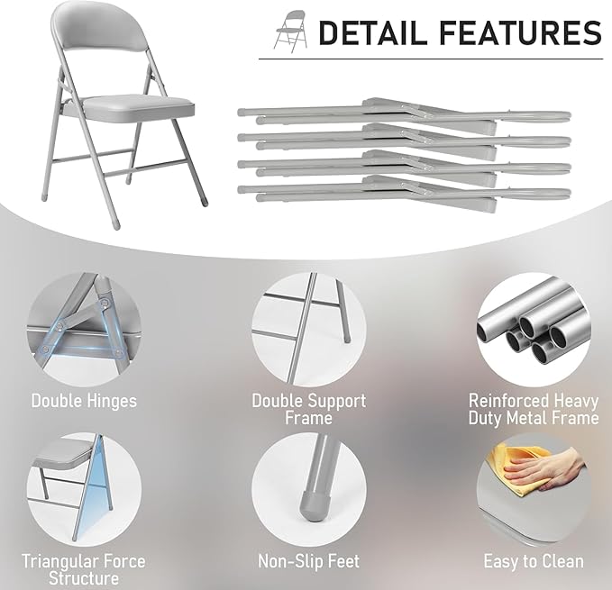 Grey Folding Chairs 10 Pack, 350LBS Heavy-Duty Steel Frame Padded Foldable Chairs for Indoor Outdoor Wedding Party Dining Events