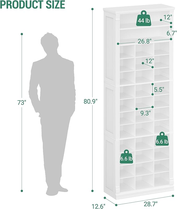 Hzuaneri 13 Tiers Shoe Storage Cabinet, Tall Shoe Cabinet with Cubby, Wooden Shoes Organizer for Closet, 39 Pairs, Shoes Cubby Organizer for Entryway, Hallway, Bedroom, White SR31003X