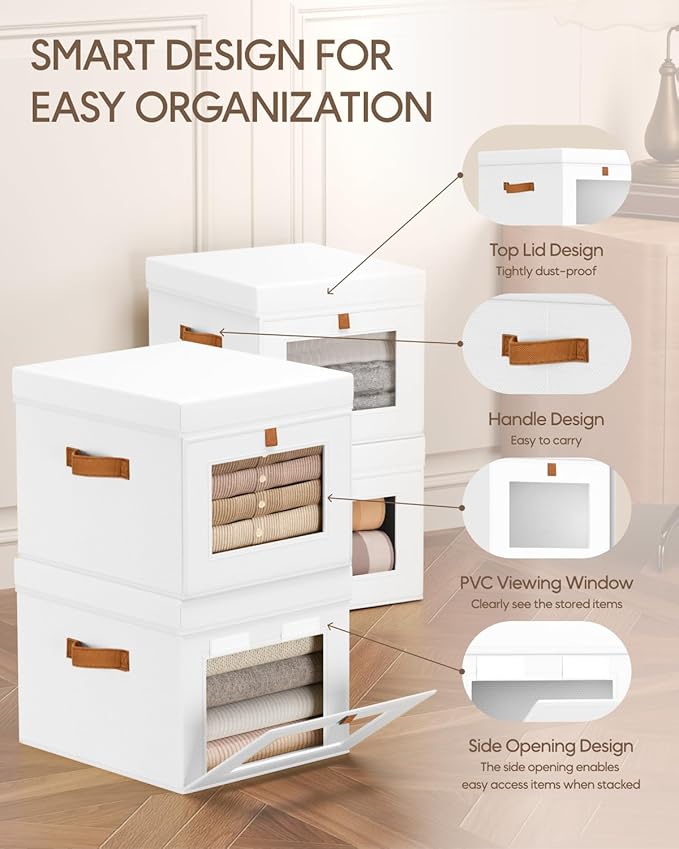Homsorout Storage Bins with Lid – Closet Organizer with Side Opening and Clear Window, Foldable Stackable Fabric Basket for Clothes, Home, Office - 13.77" x 11.8" x 9.8", 6 Pack, White