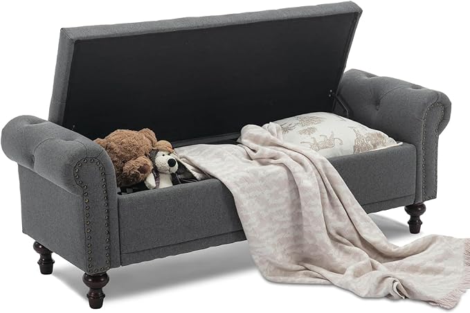 SOFTHION 58.1" Storage Bench Upholstered Linen End of Bedroom Bed Bench Ottoman with Tufted Cushioned Rolled Arm Large Storage Space for Reading Living Room Entryway, Grey