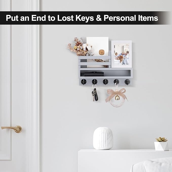Key and Mail Holder Wall Mount, Key Hanger with Long Storage Box and Key Hooks for Coat, Dog Leash, Home Decor Rack, House Accessories, Entry Way Organizer