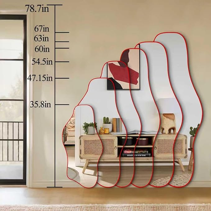 Irregular Wall Mirror, 60"x24" Red Asymmetrical Tempered Glass Mirror, Large Modern Organic Frameless Mirrors for Living Room Bedroom Hallway Entryway, Horizontal or Vertical Hanging