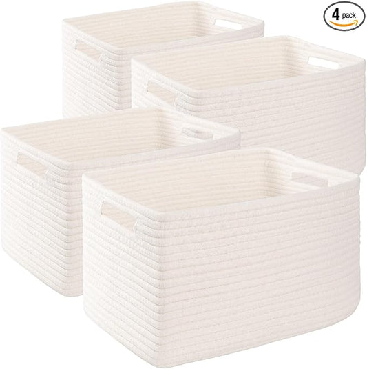 4 Pack Storage Baskets for Organizing, Woven Baskets for Shelves - Perfect for Toys, Books, Towels, and Clothes, Durable Gift Basket Bins Toy Storage, 15.7''Lx11.8''Wx7.8''H, White