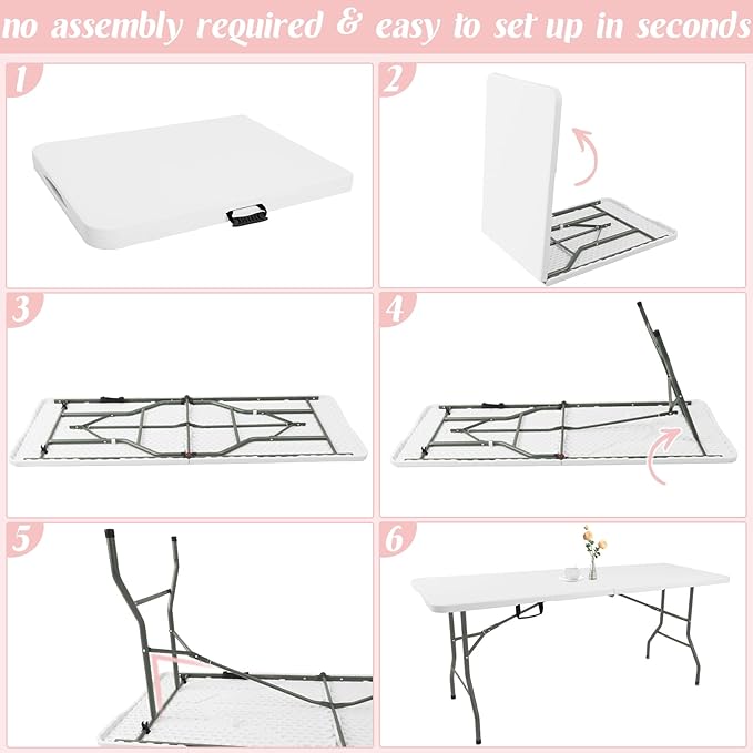 Fivenl 2 Pack 6 Feet Portable Folding Table White, Steel Legs Fold-in-Half with Carrying Handle Rectangular Plastic Foldable Table for Party, Wedding, Camping, Picnic, Dining, Indoor Outdoor Events