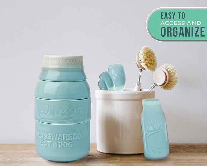 Comfify Mason Jar Kitchenware Set – Aqua Blue Ceramic Decor with 4 Measuring Cups, 4 Measuring Spoons, and Spoon Rest